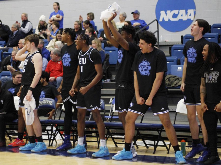 The sideline erupted into cheers after the Panthers scored during the mens basketball game against the University of Tennessee-Martin Skyhawks at Lantz Arena Thursday night. The Panthers won 77-75.
