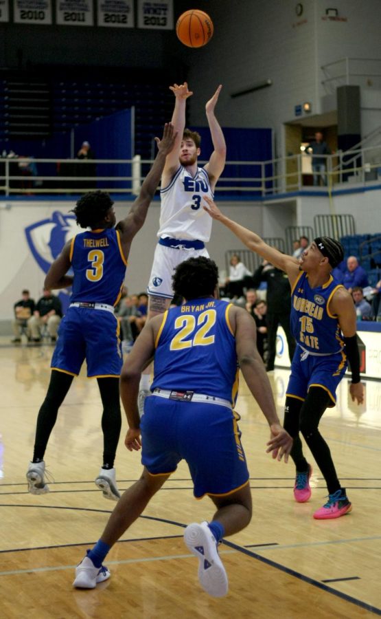 Cameron Haffner, a freshman guard, shoots from the three during the mens basketball game against the Morehead State Eagles at Lantz Arena Wednesday afternoon. Haffner scored five points and had one assist. The Panthers lost 69-63.