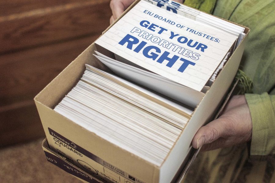 According to the EIU chapter of the University Professionals of Illinois, around 1000 signed postcards in support of raise increases for faculty salaries were delivered to University President David Glassmans office Monday afternoon in Old Main.
