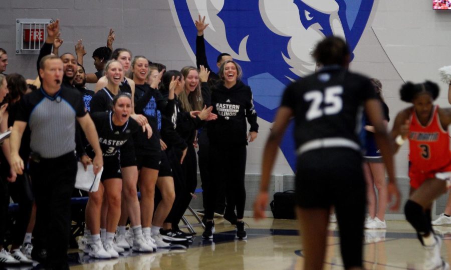 The sideline erupts into celebration during the womens basketball game against the University of Tennesee-Martin Skyhawks 73-50 Thursday night. The win allowed the Panthers a 13-win streak.