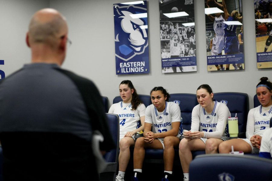 Head Coach Matt Bollant talks with his team following the victory against the Morehead State Eagles that secured the second seed slot in the conference tournament at Lantz Arena Wednesday afternoon. The Panthers won 60-49.