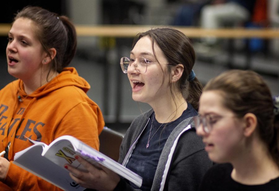 Brianna Olshawsky (Calliope, Aphrodite), a freshman theater major, practices singing during Xanadu rehearsal in early February. 