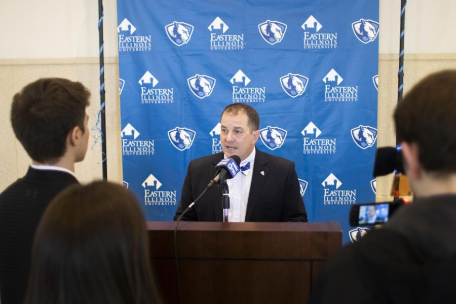 Jay Gatrell, after being announced the 13th president of Eastern Illinois University, gets interviewed by WEIU in the University Ballroom of Martin Luther King Jr. University Union Friday afternoon.