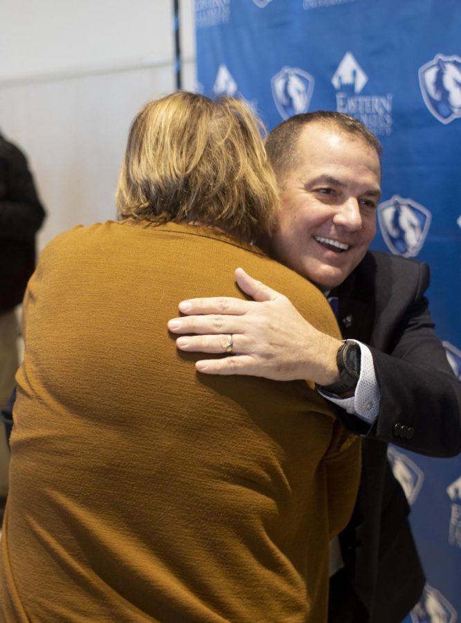 Jay Gatrell hugs people waiting in a line to congratulate him on being Eastern Illinois Universitys 13th president.