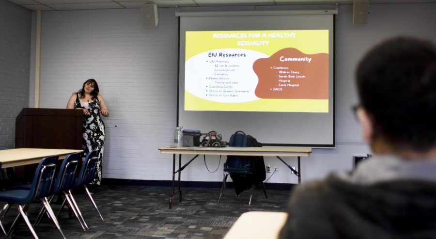 Cynthia Kmety, a Mental Health Promotion Coordinator for the Health Education Resource Center at Eastern Illinois University, presents her presentation called Sex Is Like Pizza Tuesday afternoon in Martin Luther King Jr. University Union. The use of contraceptives and different resources students can access on campus are talked about.