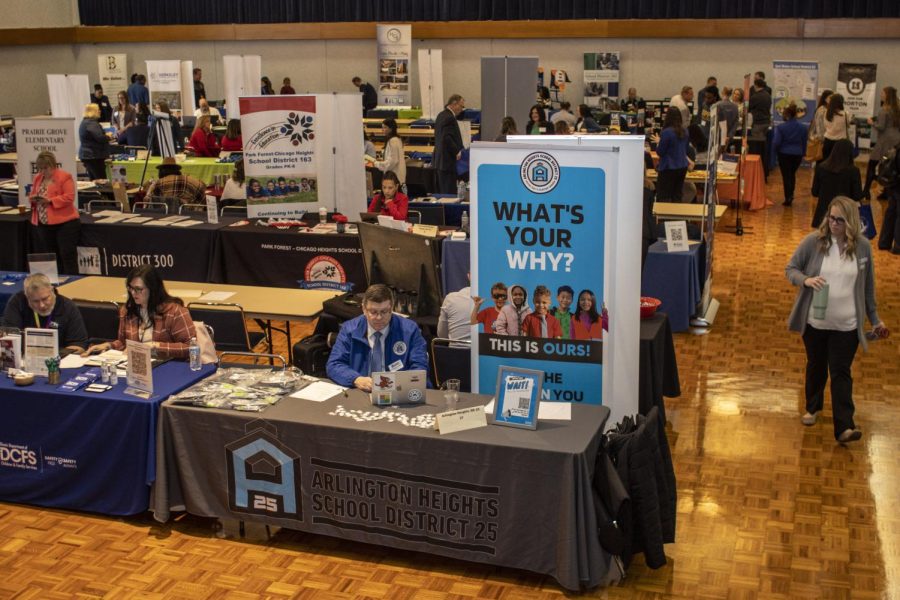 More than 50 Illinois school districts presented tables to graduating education majors during the EIU/UIUC Spring Education Job Fair at the Union Grand Ballroom Tuesday morning.