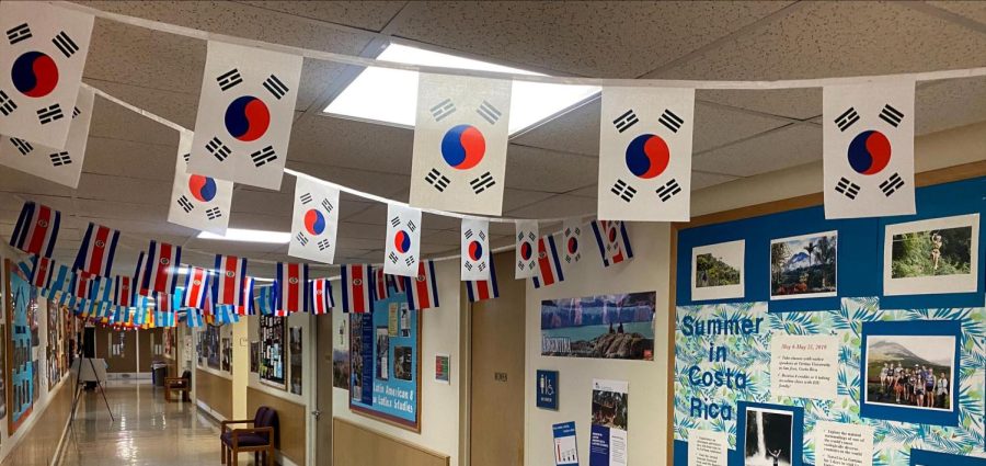 Coleman Halls foreign languages hall displays various cultural flags and places in the world. 