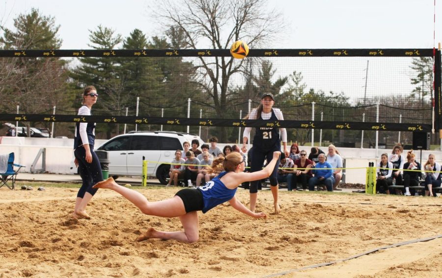 Eastern beach volleyball player Emily Wilcox, attempts a diving save on the ball against Missouri Baptist on Monday afternoon in Sister City Park. The Panthers lose to the Spartans 3-2.
