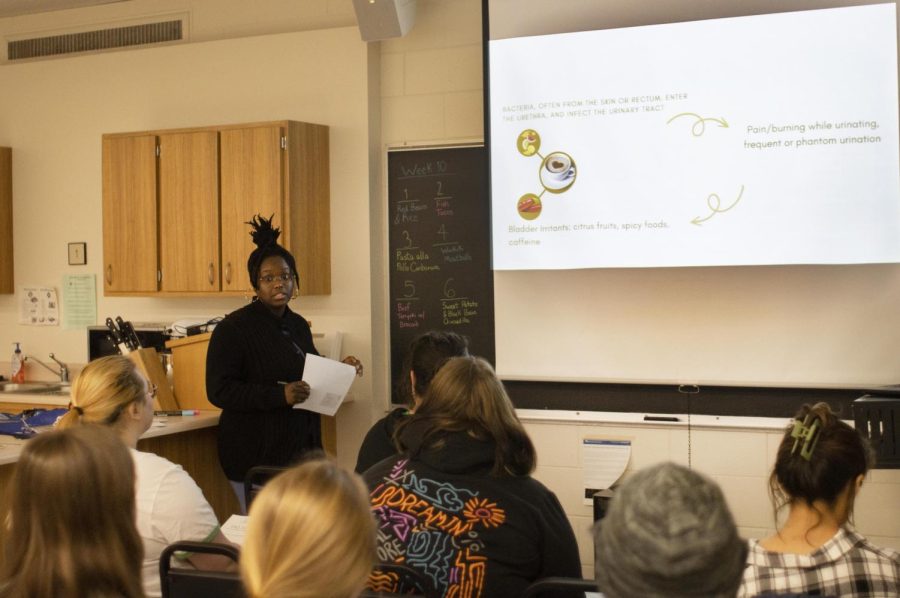 In Klehm Hall, Yolanda Joseph, the Nutrition Education Coordinator, hosts the At Your Cervix: The Golden Cook cooking class Monday evening where students made a Golden Vagina smoothie. The class taught a variety of different ways on how to incorporate foods for vaginal health.