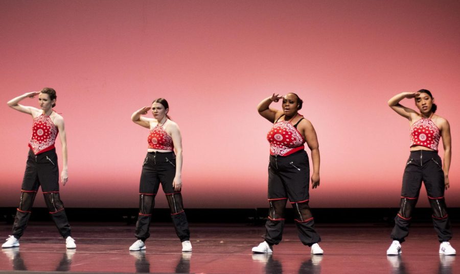 EIU Dancers perform to the song DNA by Kendrick Lamar in the Theatre of Doudna Fine Arts Center Friday night.