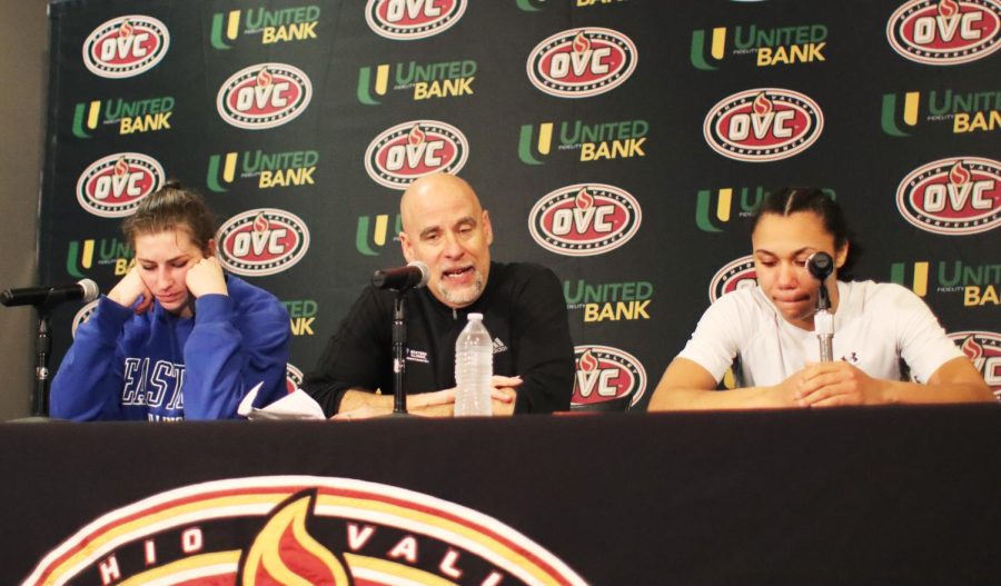 Macy McGlone (33), Lariah Washington (22), and their head coach Matt Bollant, answer questions for a post-game interview after their loss against Tennessee Tech at the Ohio Valley Conference championships Friday afternoon.