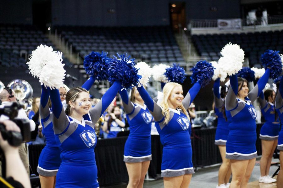 Eastern cheer team cheers for the Eastern womens basketball team at the Ohio Valley Conference Tournament Friday afternoon. The Panthers lost 61-66 to the Golden Eagles. 