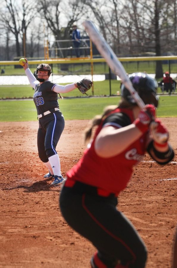 Right-handed pitcher, Rachel Kaufman, pitches to SIUE batter, Grace Lueke, during their first game of a double-header against SIUE, Sunday afternoon on Williams Field.