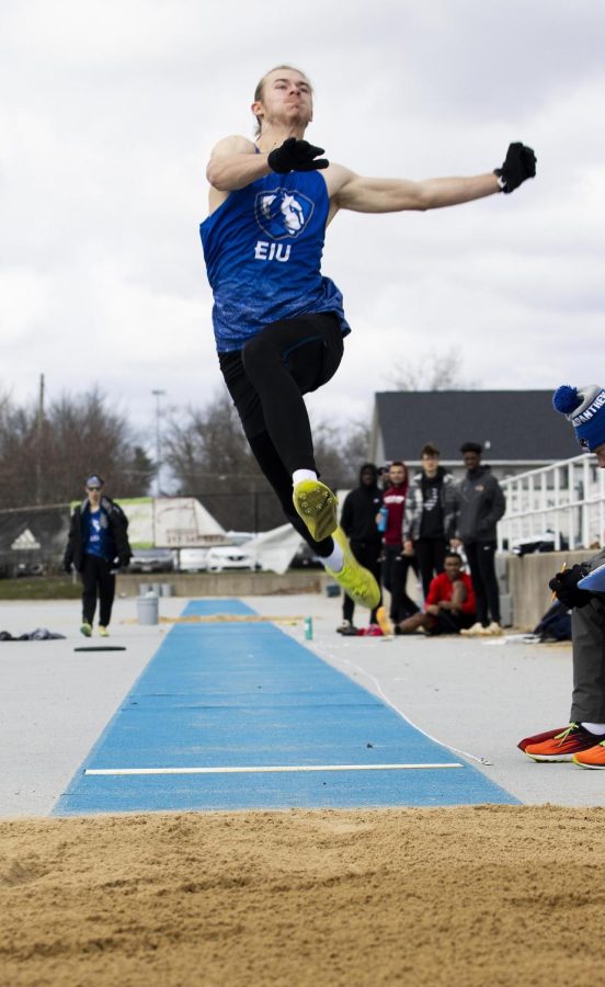 Ramsey Hunt competes in the mens long jump category for the second day of EIU Big Blue Classic. Hunt finishes first in the finals with a mark of 7.35m at the O’Brien Field Saturday afternoon.