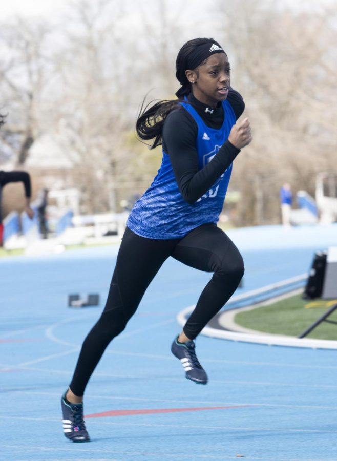 Zakiya Johnson finishes in fourth place with a time of 58.24 seconds in the womens 400 meters race at EIU Big Blue Classic on O’Brien Field Saturday afternoon.