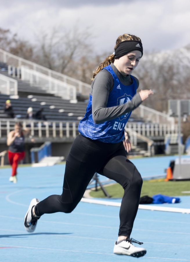 Cassandra Bradbury competes in the womens 400 meters race at the EIU Big Blue Classic event and places thirteenth in the finals with a time of 1:02:82 on the O’Brien Field Saturday afternoon.