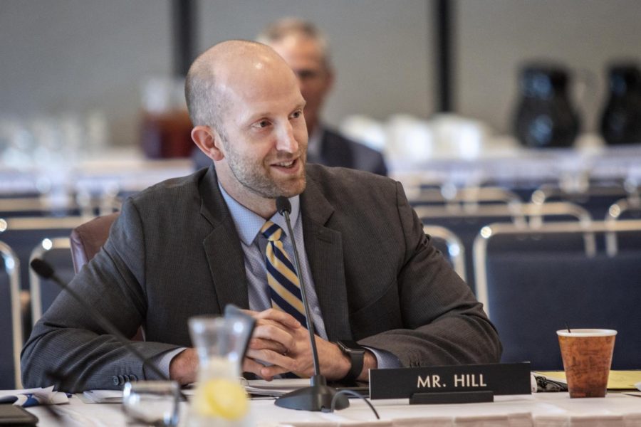 One of two newest Board of Trustee members, Austin Hill introduces himself to the board during the BOT meeting Friday afternoon in the Grand Ballroom. Hill will serve as Easterns newest General Councel. 