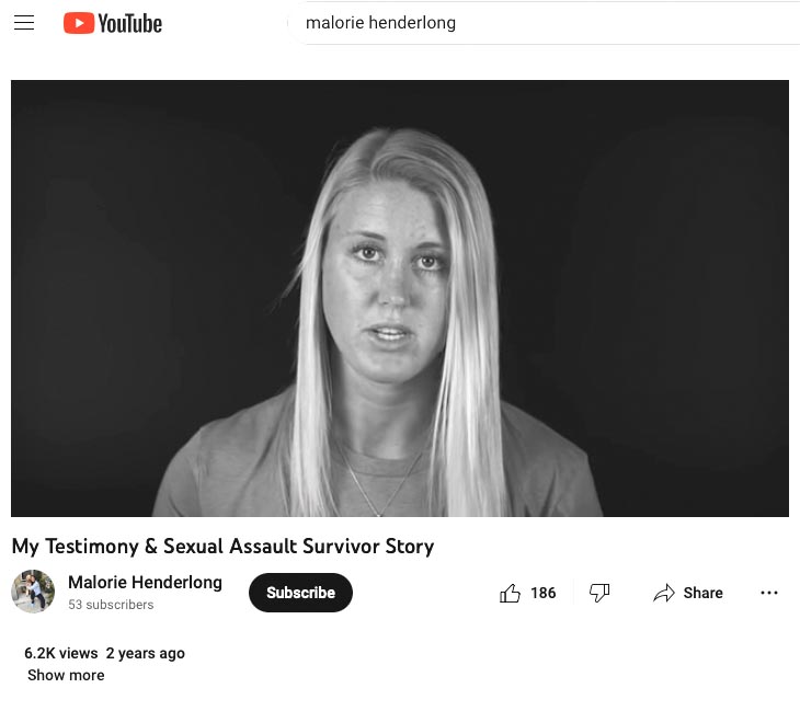 Screengrab from Malorie Henderlong’s YouTube channel of her video. In the video, Henderlong gives her testimony and story about her alleged sexual assault by a fromer Eastern Illiinois baseball player in April of 2017.