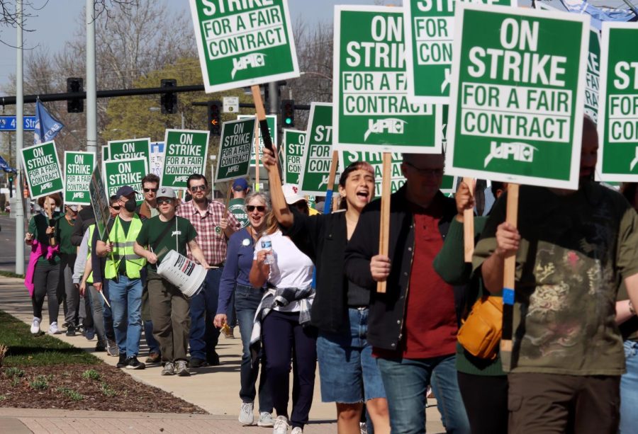 Around 100 EIU-UPI union members and student protestors picketed during the morning shift for the third day of picketing for a fair contract Monday morning at Old Main.