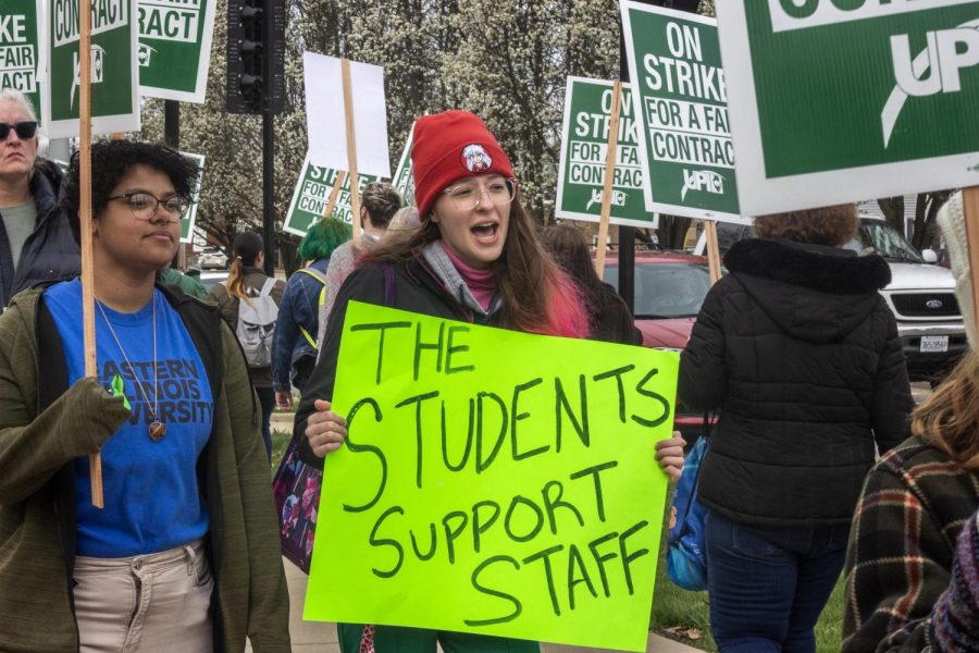 Students, community members and members of other campus unions picketed alongside members of the EIU-UPI during their strike at Old Main.