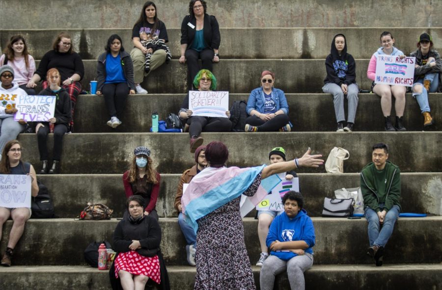Professor of journalism, Shelley Berry, delivers a speech encouraging transgender students that there are people who love them during the Trans Visibility Protest at the Mellin Steps Friday.