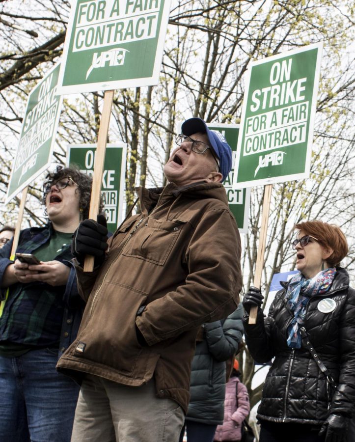 Professors attend the rally at Morton Park and chant different phrases in support of the strike on Thursday afternoon.