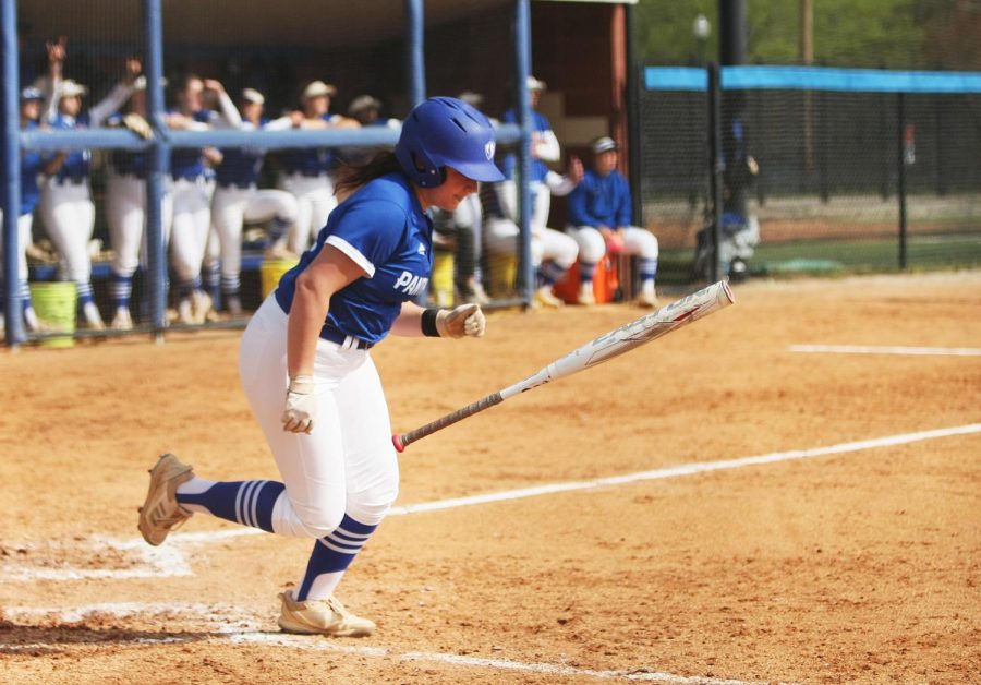 Jaylen+Prichard+runs+to+first+base+and+drops+her+bat+during+the+midday+game+with+IUPUI+Tuesday+afternoon.