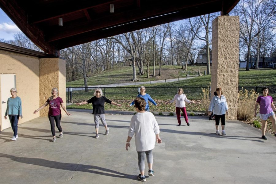 In Suzi Coffmans Tai chi class, practice their balance skills and learn how to get better for one of the lessons at Kiwanis Park Monday afternoon.
