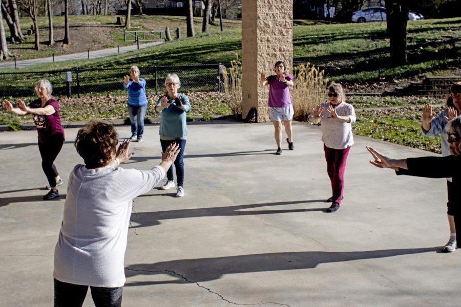Suzi Coffman leads a full Tai chi class at Kiwanis Park Monday afternoon, showing her class breathing exercises, giving advice, and directing multiple different relaxing movements while playing calm music.