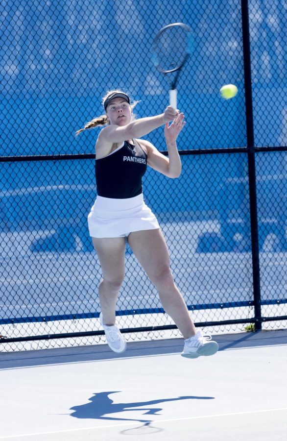 Senior Christine Gouws plays a singles match against Southern Illinois University Edwardsville during Senior Day at the Rex Darling Courts. The Panthers lose to the Cougars 5-2.