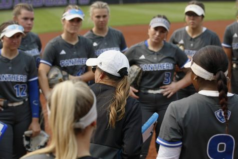 Head coach, Tara Archibald, speaks to her team between innings during the softball programs first ever NCAA Regional appearance at Sharon J. Drysdale Field on the Northwestern University campus on May 19 in Evanston, Il. The Panthers lost 2-0 to the Wildcats.