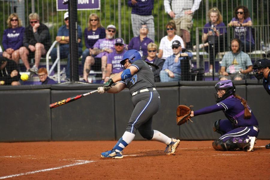 Senior catcher, Amber Cieplinski (17), swings at a pitch and hits it foul during her last at bat of the game during the softball programs first ever NCAA Regional appearance at Sharon J. Drysdale Field at Northwestern University on May 19 in Evanston, Il. The Panthers lost 2-0 to the Wildcats.
