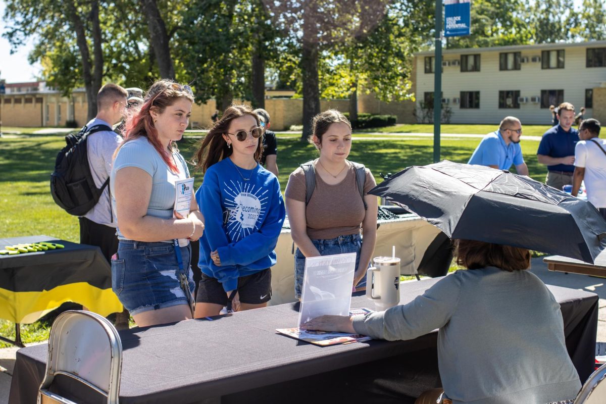 Students from Eastern Illinois University discuss current opportunities and available internships with a company representative at the job fair on the library quad Thursday afternoon.