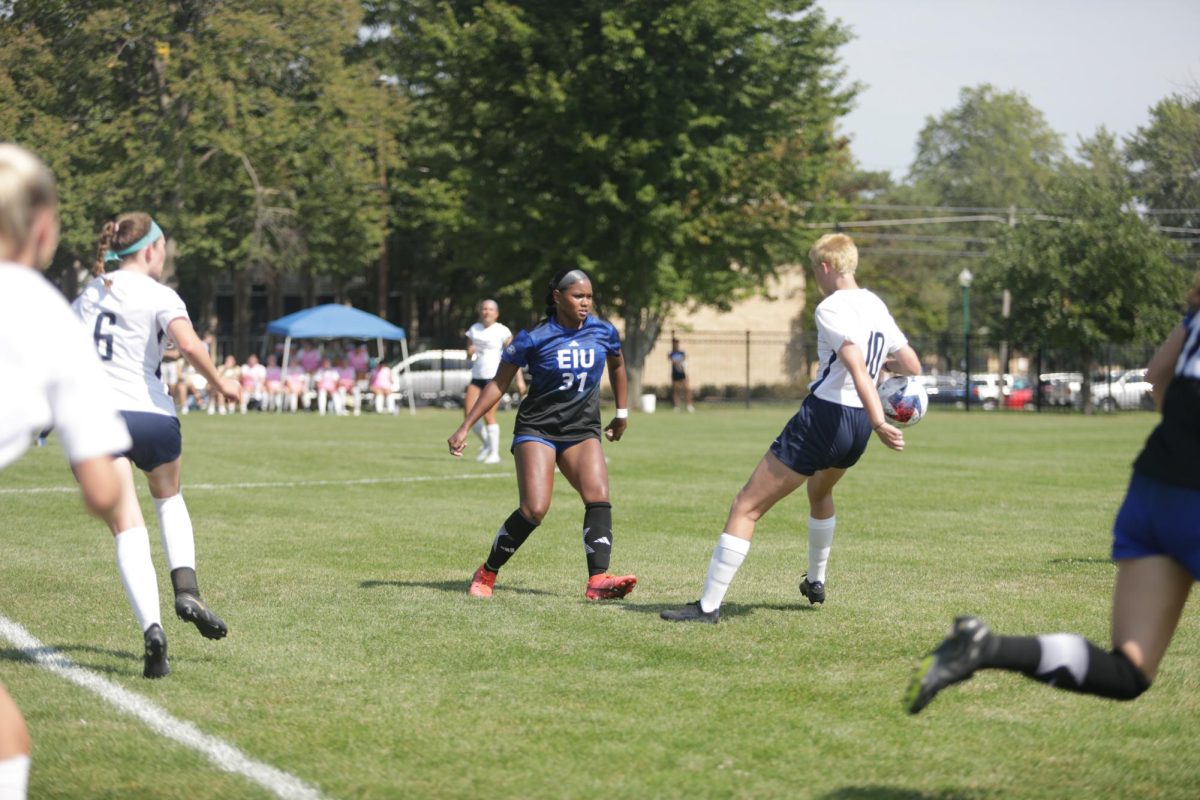 Zenaya Barnes, a 5th year forward,  dribbles the ball pass University of Illinois Springfield players Sunday afternoon at Lakeside Field. The Panthers won 3-0 against the Prairie Stars.