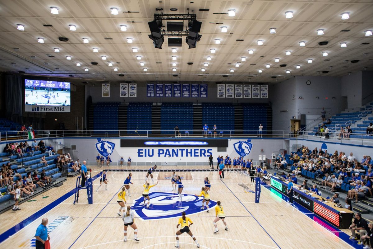 Senior outside hitter Giovana Larregui Lopez serves the ball over the net for the Panthers against their game vs. Valparaiso. The Panthers won 3-2 against the Beacons Friday night in Lantz Arena.