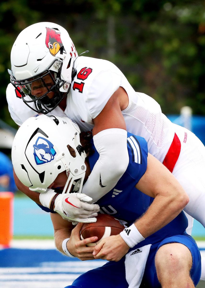 Redshirt junior quarterback Pierce Holley is sacked by junior defensive back ISUs Nigel White during the Mid-America Classic game against the Redbirds at OBrien Field Saturday. The Panthers won 14-13. Holley threw for 273 yards and was sacked eight times. 