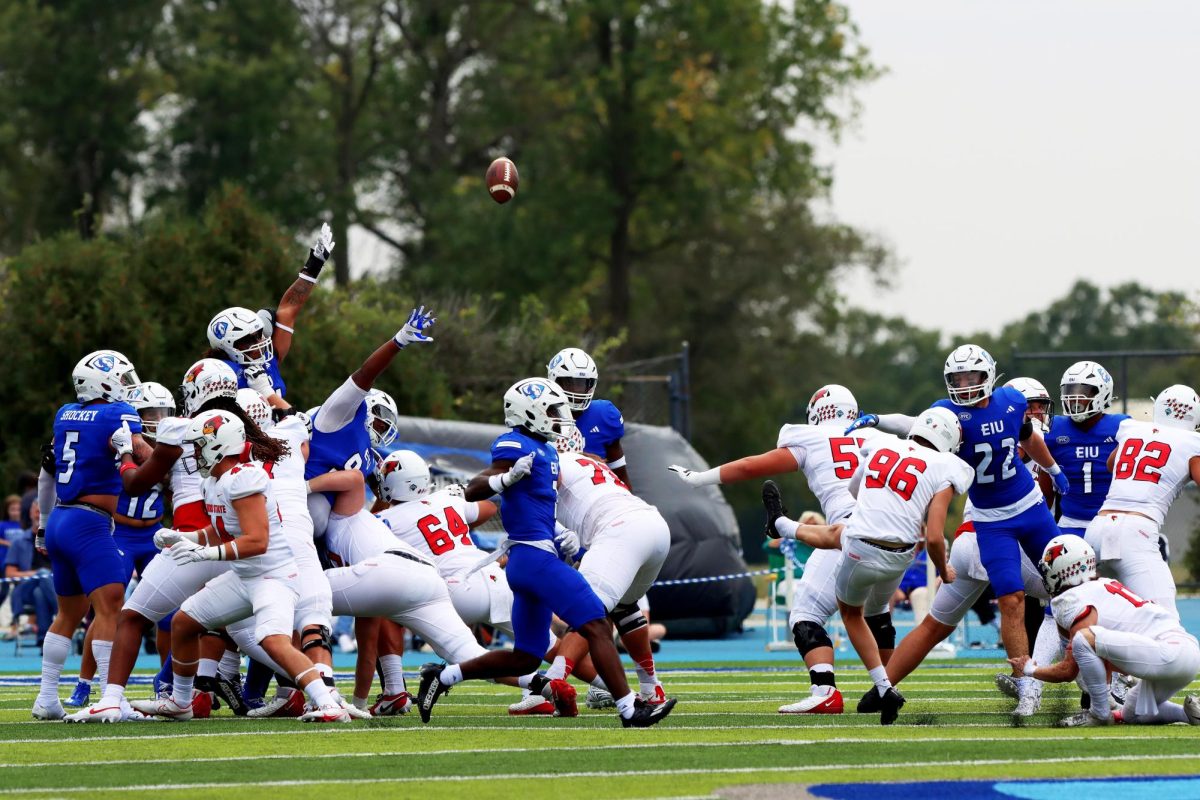 The Panthers attempt to block a field goal during the Mid-America Classic game against the Redbirds at OBrien Field Saturday. The kick was unsuccessful and the Panthers won 14-13.