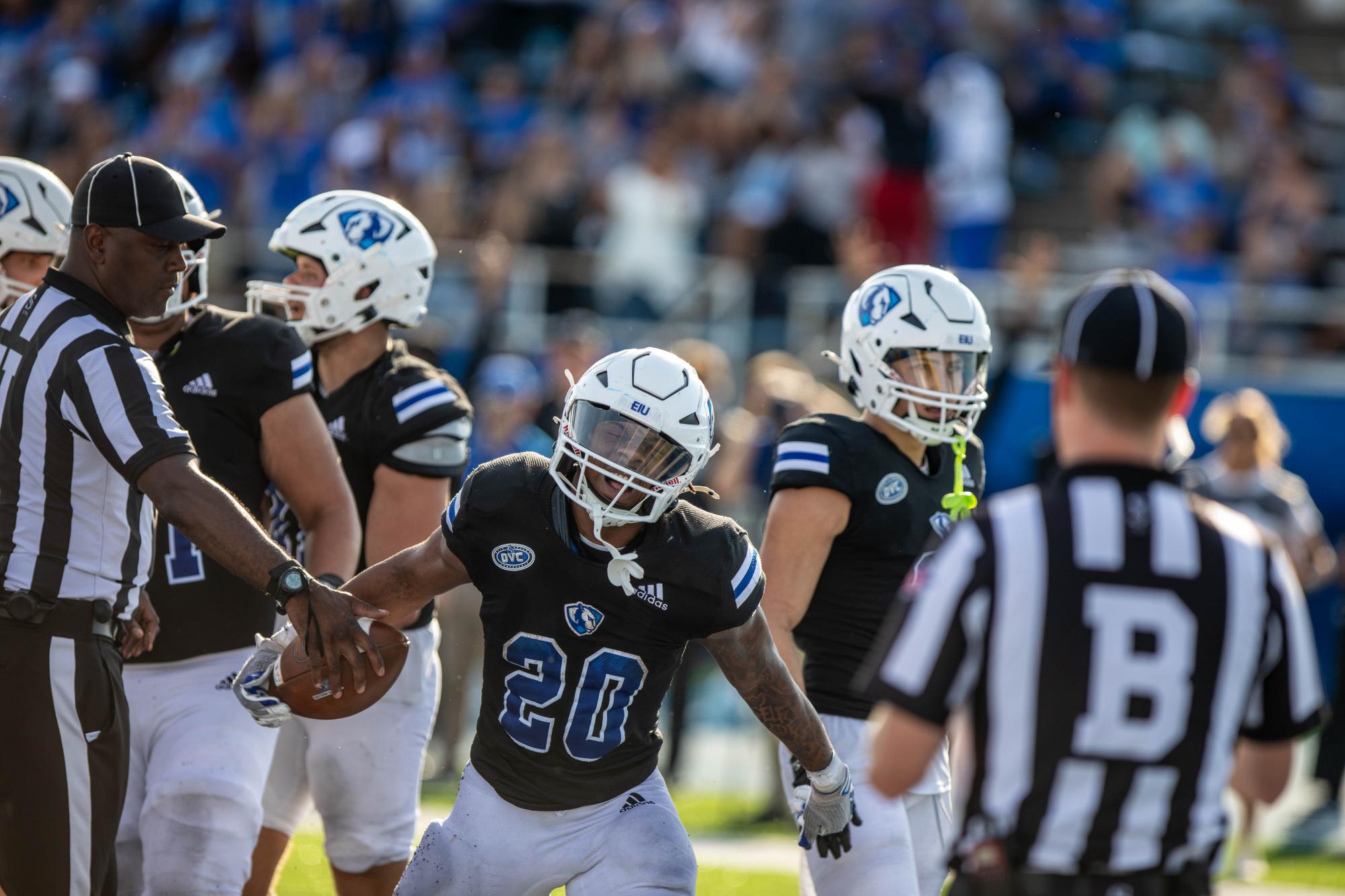 Freshman running back MJ Flowers (20) celebrates as after scoring a touchdown at O‘Brien Field Saturday afternoon.
MJ Flowers rushed for 272 yards on 37 carries. The EIU panthers beat the Mcneese St cowboys 31-28.