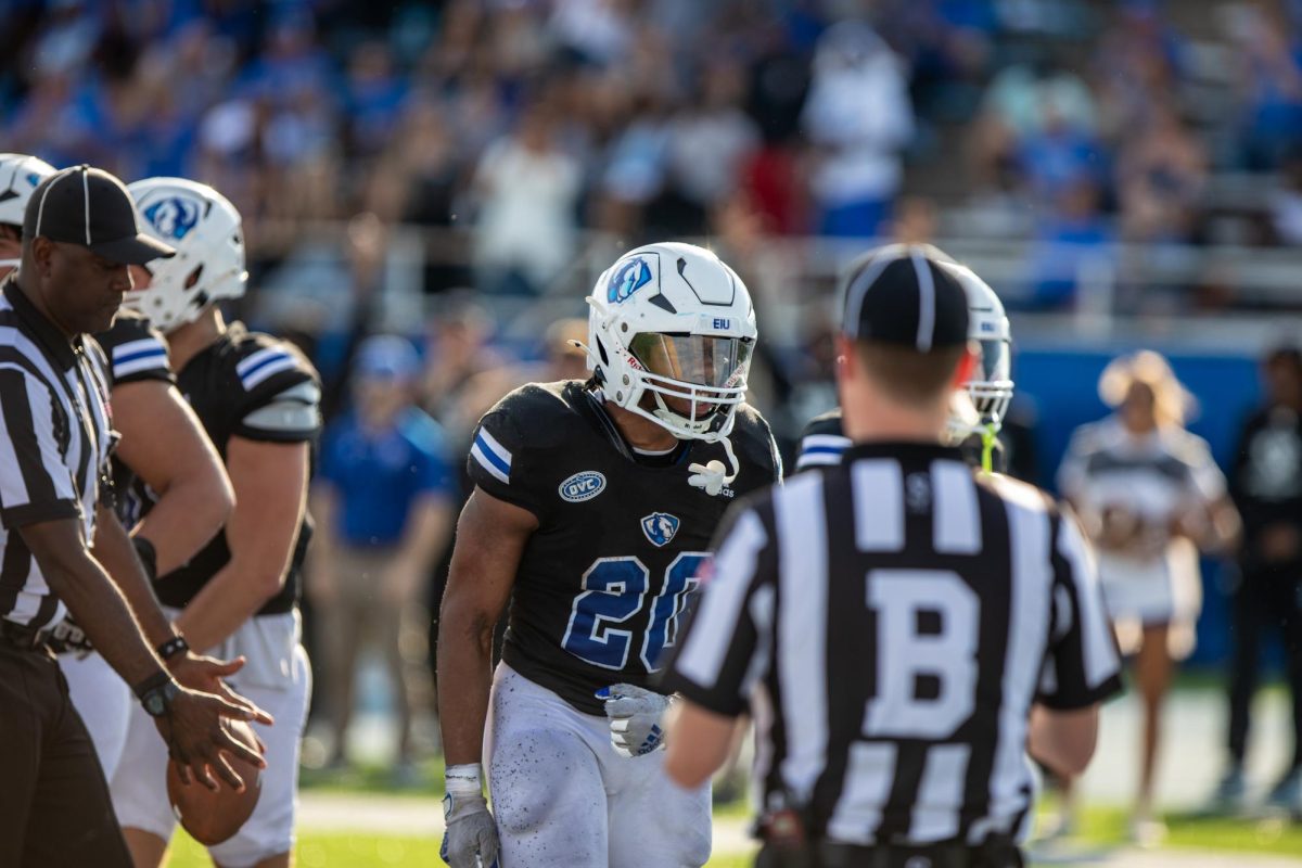 Freshman running back MJ Flowers (20) celebrates as after scoring a touchdown at O‘Brien Field Saturday afternoon.
MJ Flowers rushed for 272 yards on 37 carries. The EIU panthers beat the Mcneese St cowboys 31-28.