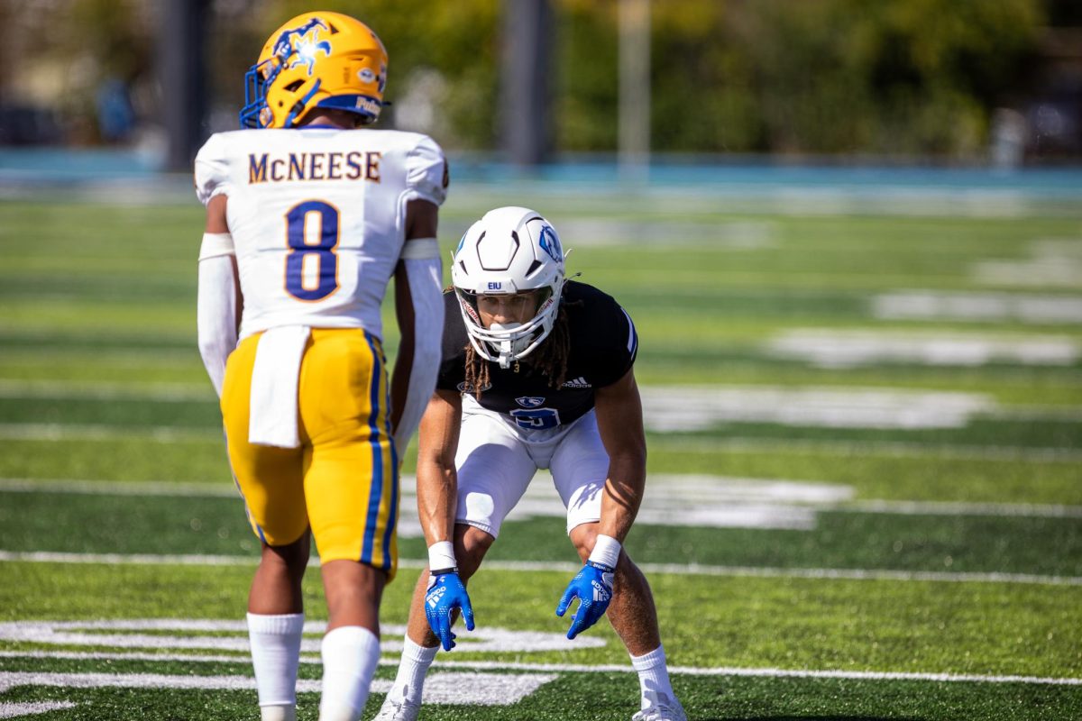 Russell Dandy, a fifth year defensive back, lines up against a McNeese St cowboys wide receiver at O‘Brien Field Saturday afternoon.