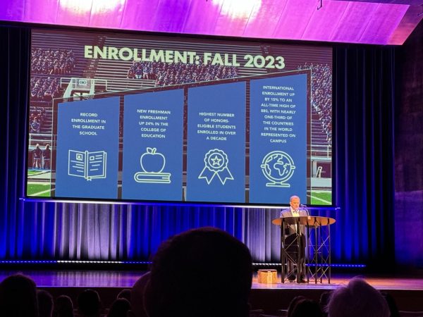 President Jay Gatrell invited Eastern Illinois University campus community for a fall update where he provides information on EIU five year blueprint for success at Doudna Fine Arts Center Concourse Wednesday morning.