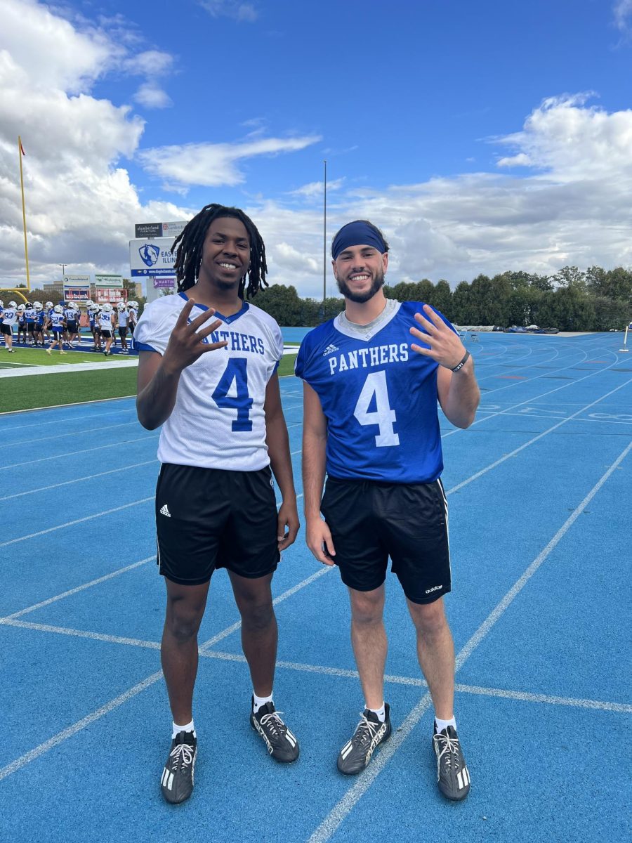 Redshirt sophomore Blake Ruffin (left) and graduate wide receiver Justin Thomas (right) pose at practice on Sunday afternoon at O’Brien Field.