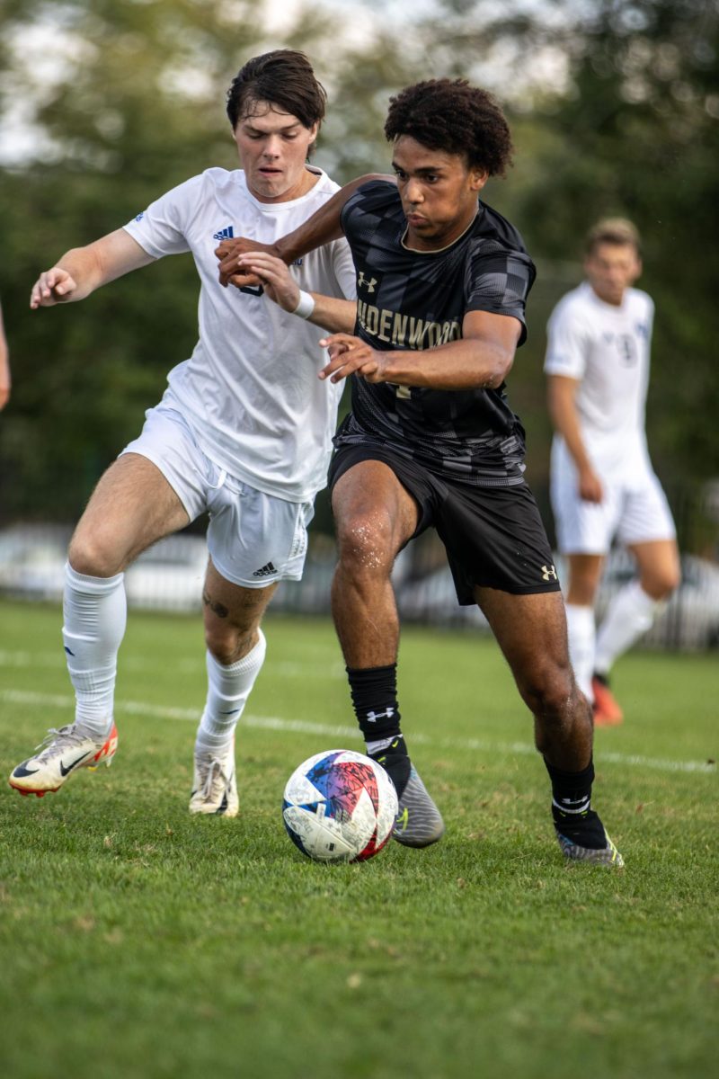 Sophomore Forward Casey Welage tries to steal the soccerball from Lindenwood Lions defender at Lakeside Field Thursday afternoon.