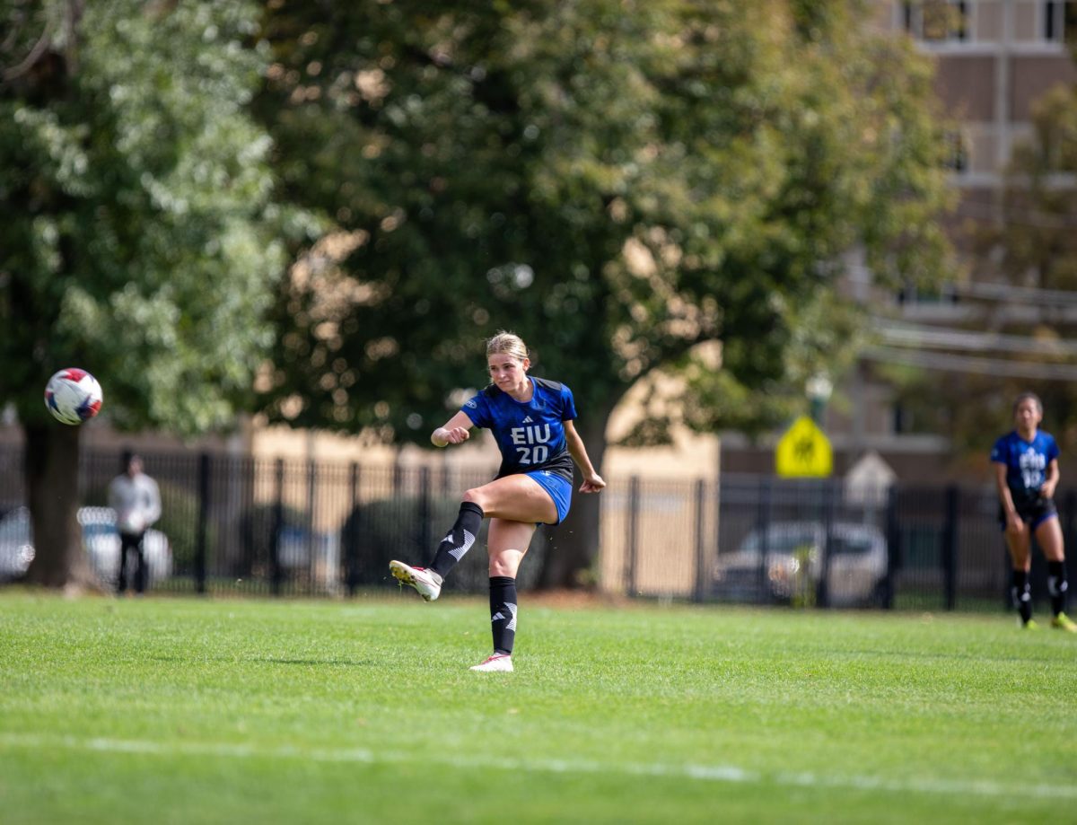 Sophomore Midfielder Ella Onstott attempts to score a goal against MoreHead St. Eagles at Eastern Illinois University Lakeside Field Thursday afternoon.