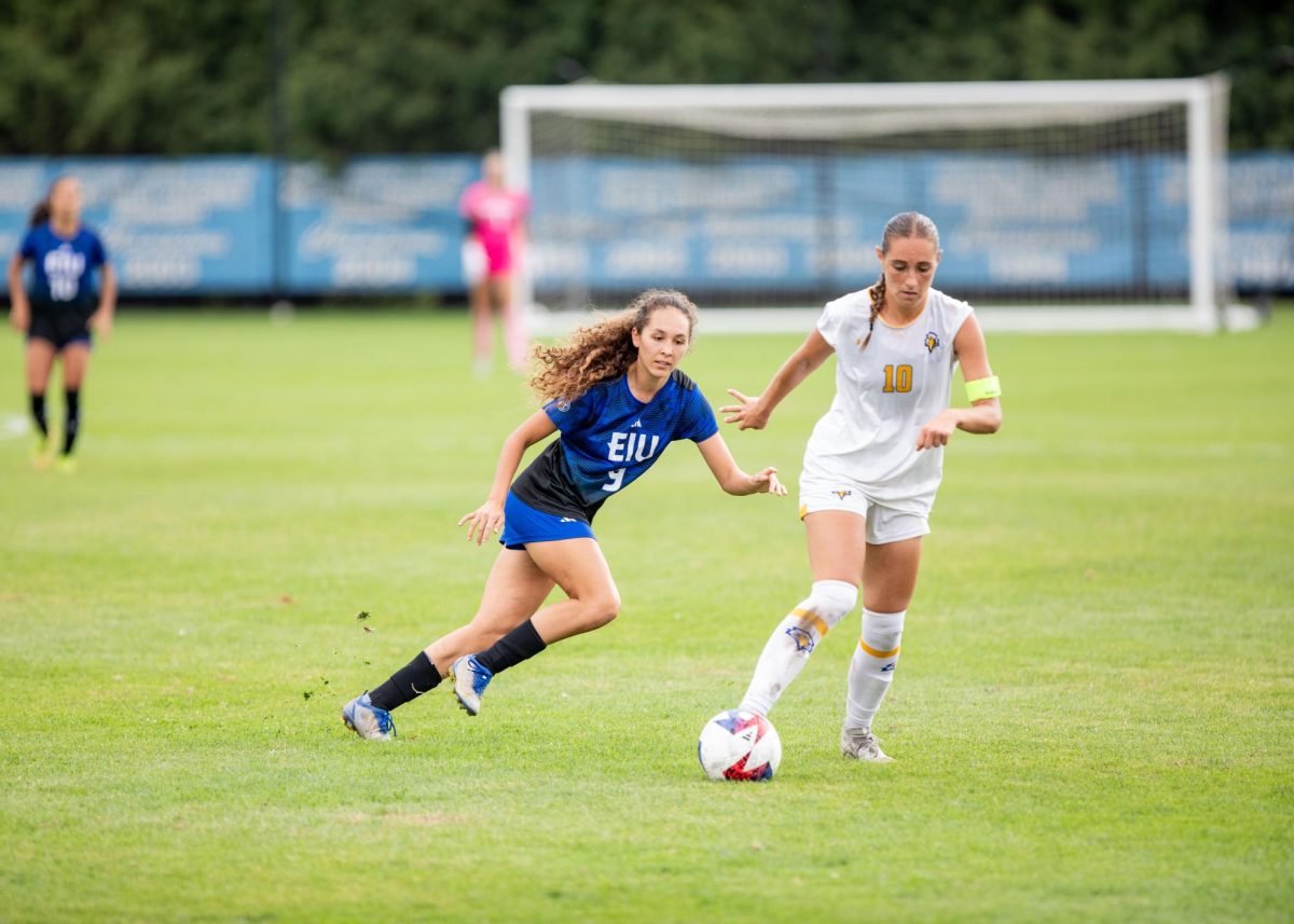 Senior Forward Serra Pizano attempts to steal the soccerball from MoreHead St. Eagles player at Eastern Illinois University Lakeside Field Thursday afternoon.
