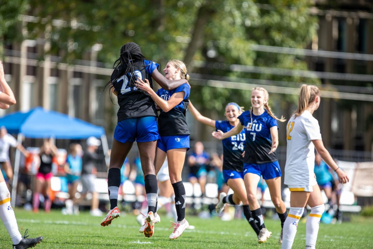Sophomore Midfielder Ella Onstott (20) celebrates after scoring a game tying goal against MoreHead St. Eagles with 24 seconds left on the clock at Eastern Illinois University Lakeside Field Thursday afternoon.