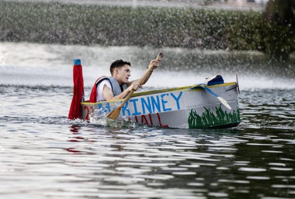 McKinney Halls boat makes it back to land in one piece as the winner of the boat race between all of the residence halls on Thursday afternoon at campus pond.