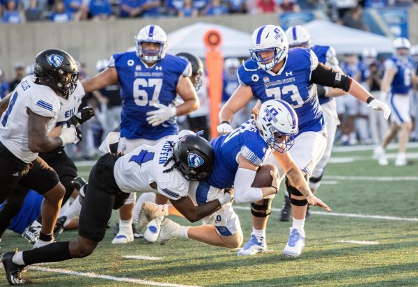 Safety Blake Ruffin (4) tackles Sycamore quarterback Gavin Screws at their game vs. Indiana State Thursday night. The Panthers won 27-0 against the Sycamores.
