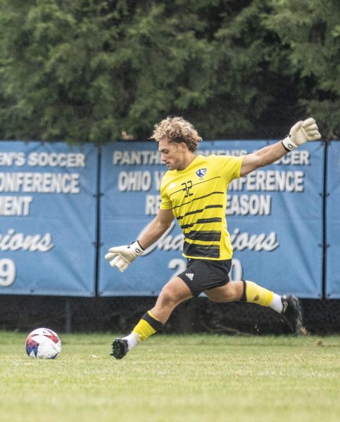 Goalkeeper Kyce Toutanji, kicks a long ball to start the game against the IUPUI Jaguars Tuesday evening. The Panthers and Jaguars tied 1-1 with Eastern scoring with 5 minutes left on the clock.