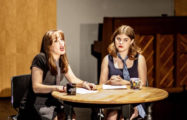 At the Panther Performance Festival in Doudna Fine Arts Center, Abby Smith, an undecided freshman, and Megan Fox, a freshman theatre major, perform an act centered around a news update.